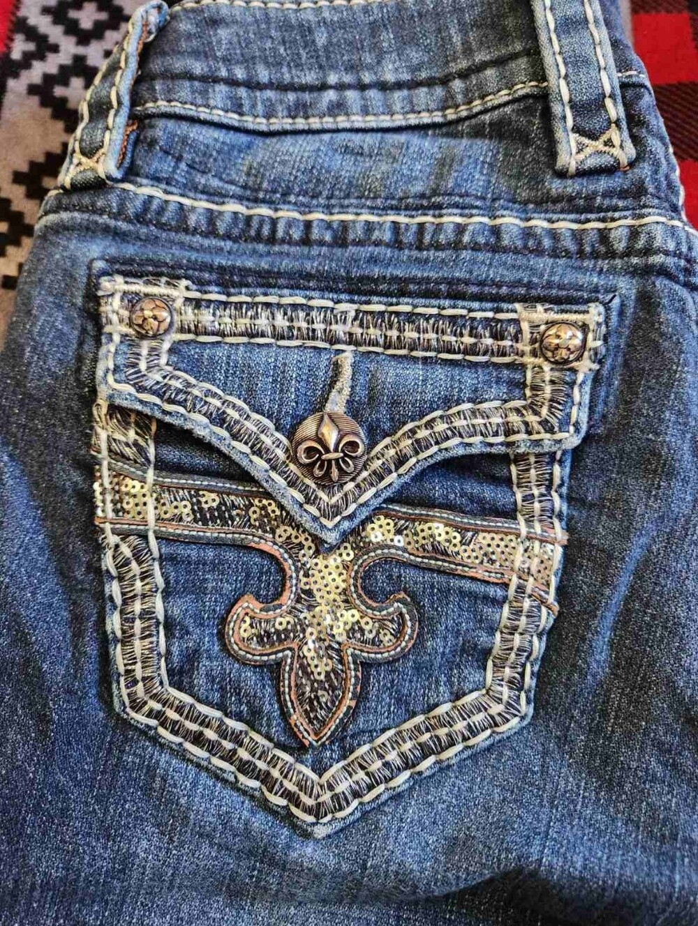 Rock Revival Roux B400 Bootcut Jeans Y2K McBling Sequin Fleur-De-Lis Sz 27 - Picture 10 of 15
